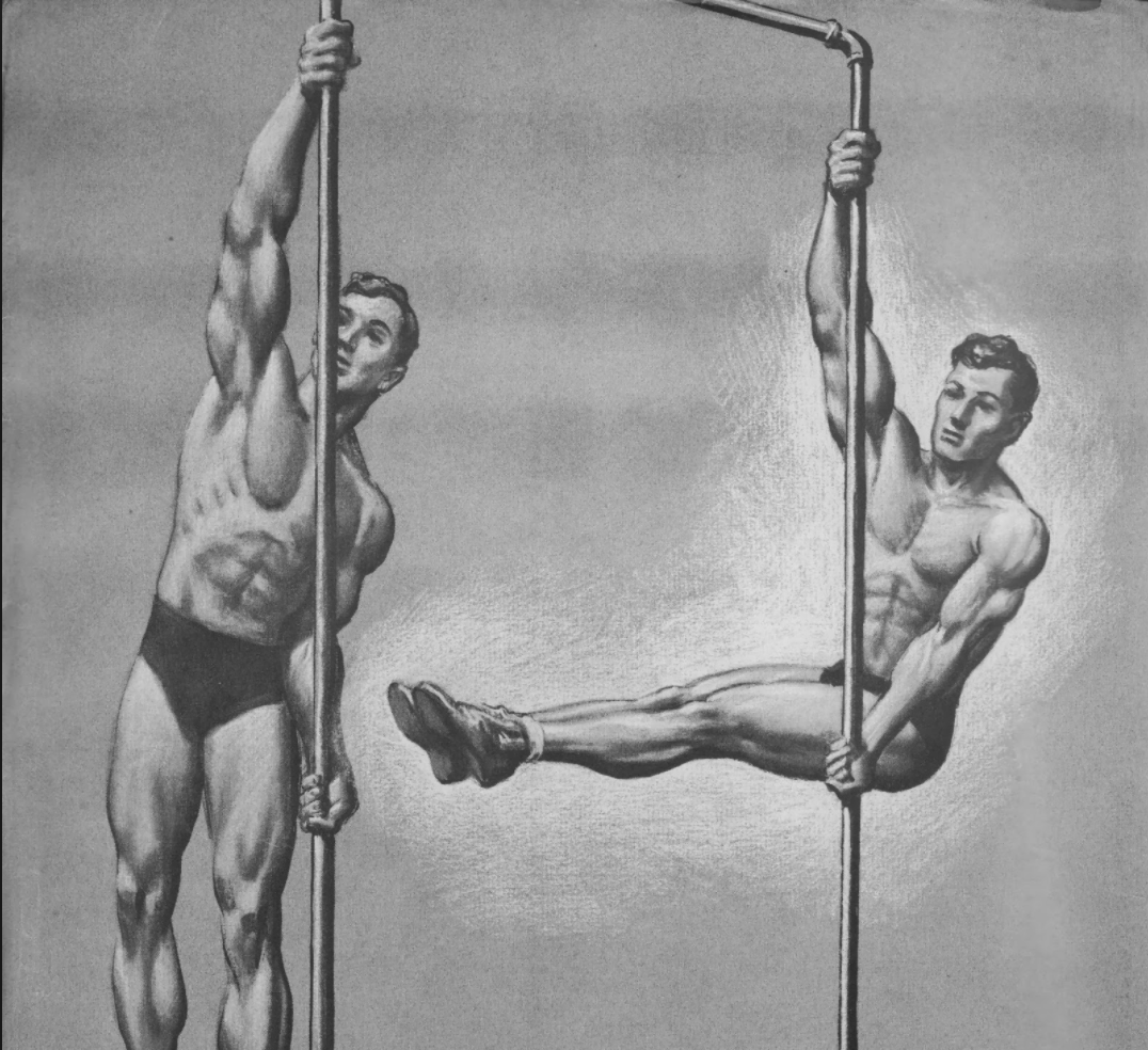 Vintage illustration of two muscular men performing pull-up bar exercises — one hanging with arms overhead, the other holding a lever position with legs extended horizontally while gripping the bar.