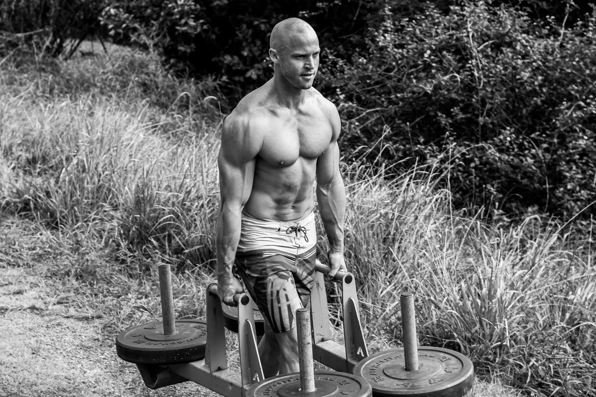 Black-and-white photo of a shirtless, muscular bald man doing dips on an outdoor sled/dip apparatus loaded with weight plates, standing in tall grass.